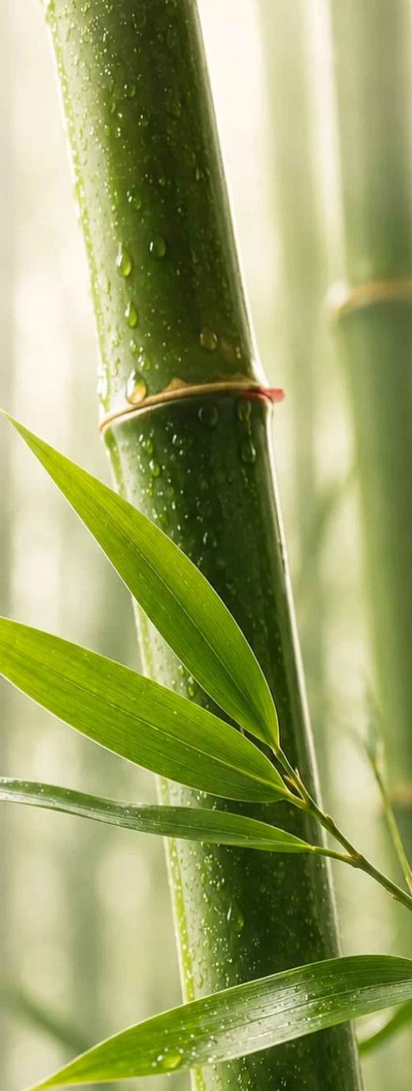 A dew-covered bamboo stalk and leaves in soft light