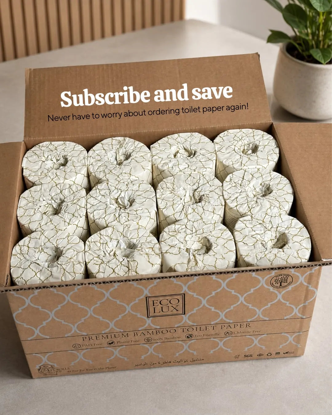 An open Eco Lux box of wrapped rolls under the words Subscribe and save