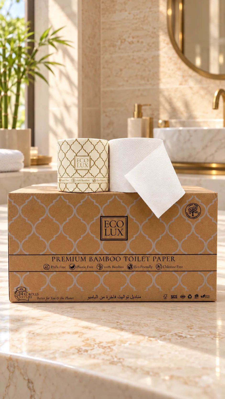 The Eco Lux 24 Pack on a marble bathroom counter with a wrapped and an unwrapped roll on top