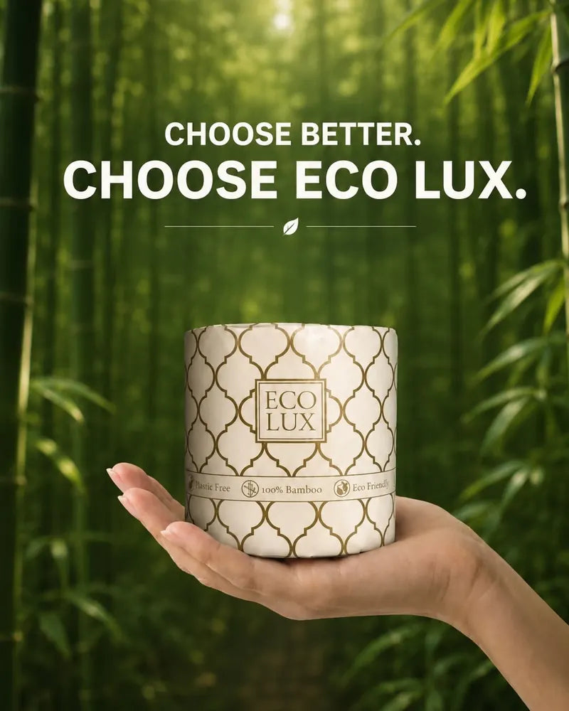 Choose better. Choose Eco Lux. A hand holds a wrapped roll in a bamboo forest.