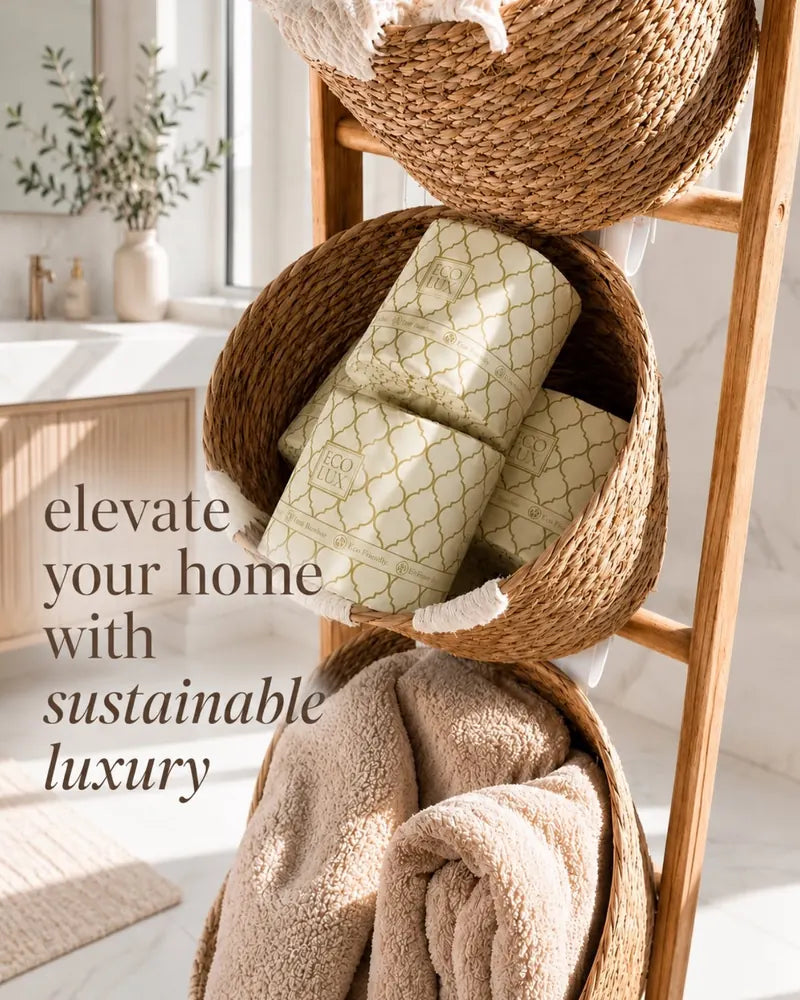 Elevate your home with sustainable luxury: wrapped rolls in a woven basket on a ladder.