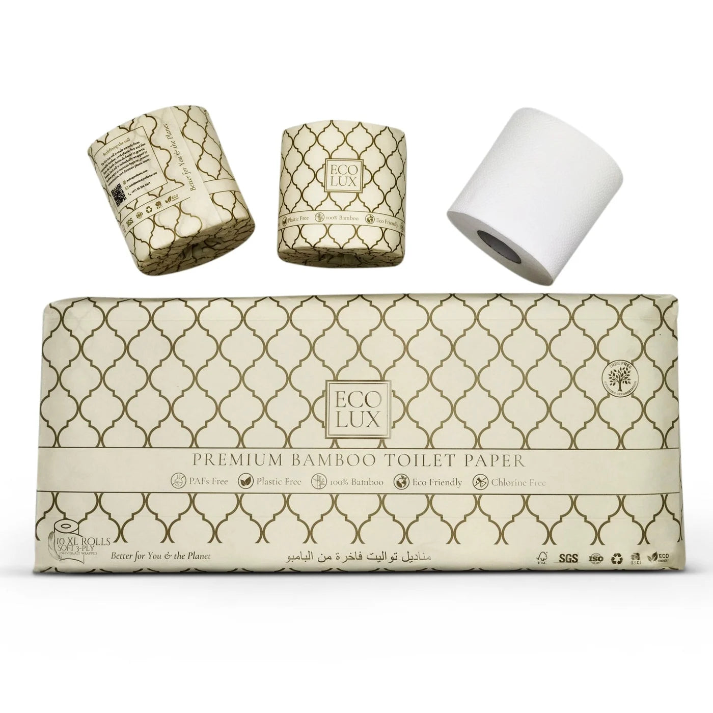 Eco Lux 10 Pack: a patterned case with wrapped rolls and one bare roll