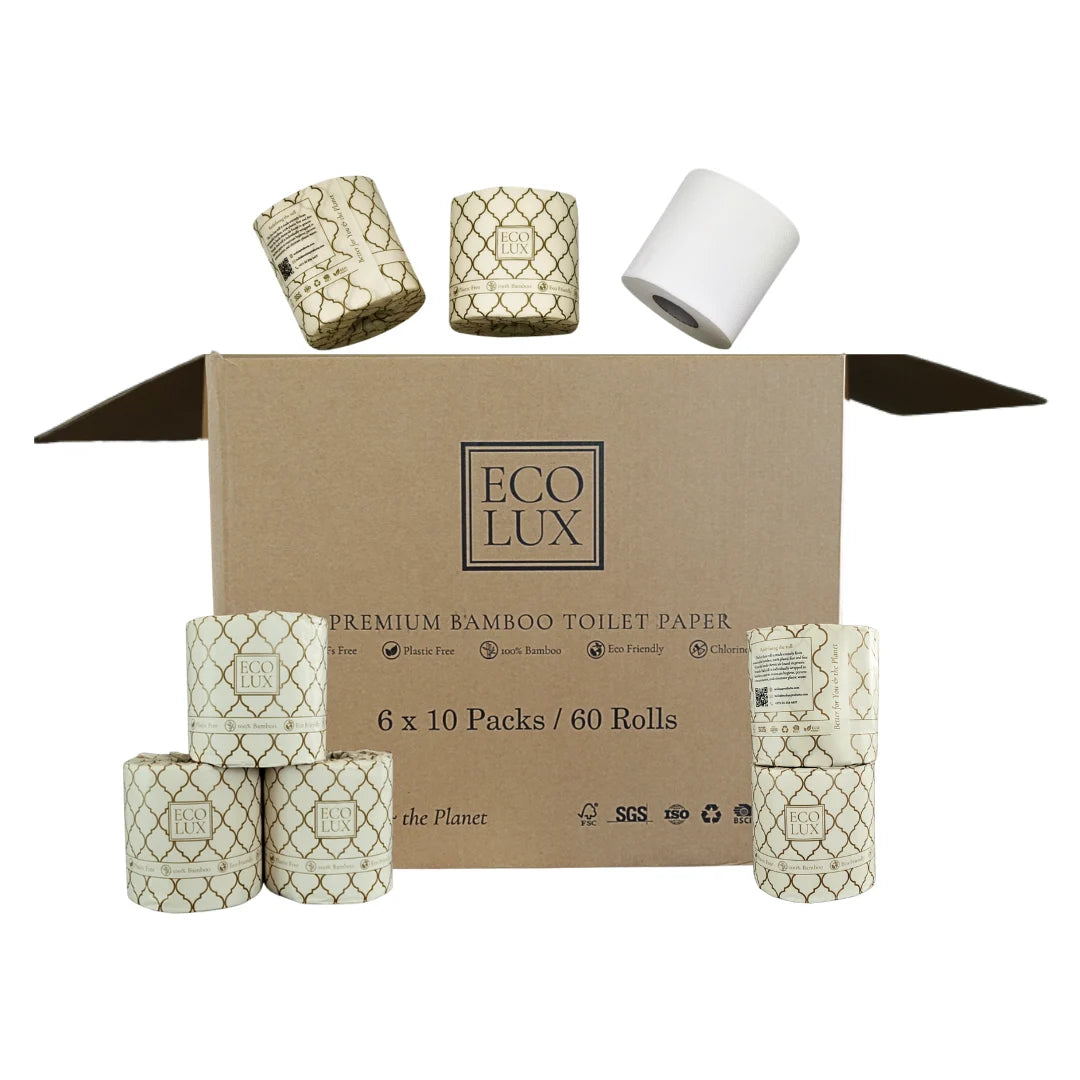 Eco Lux 60 Pack: a box of six 10-packs with wrapped rolls around it
