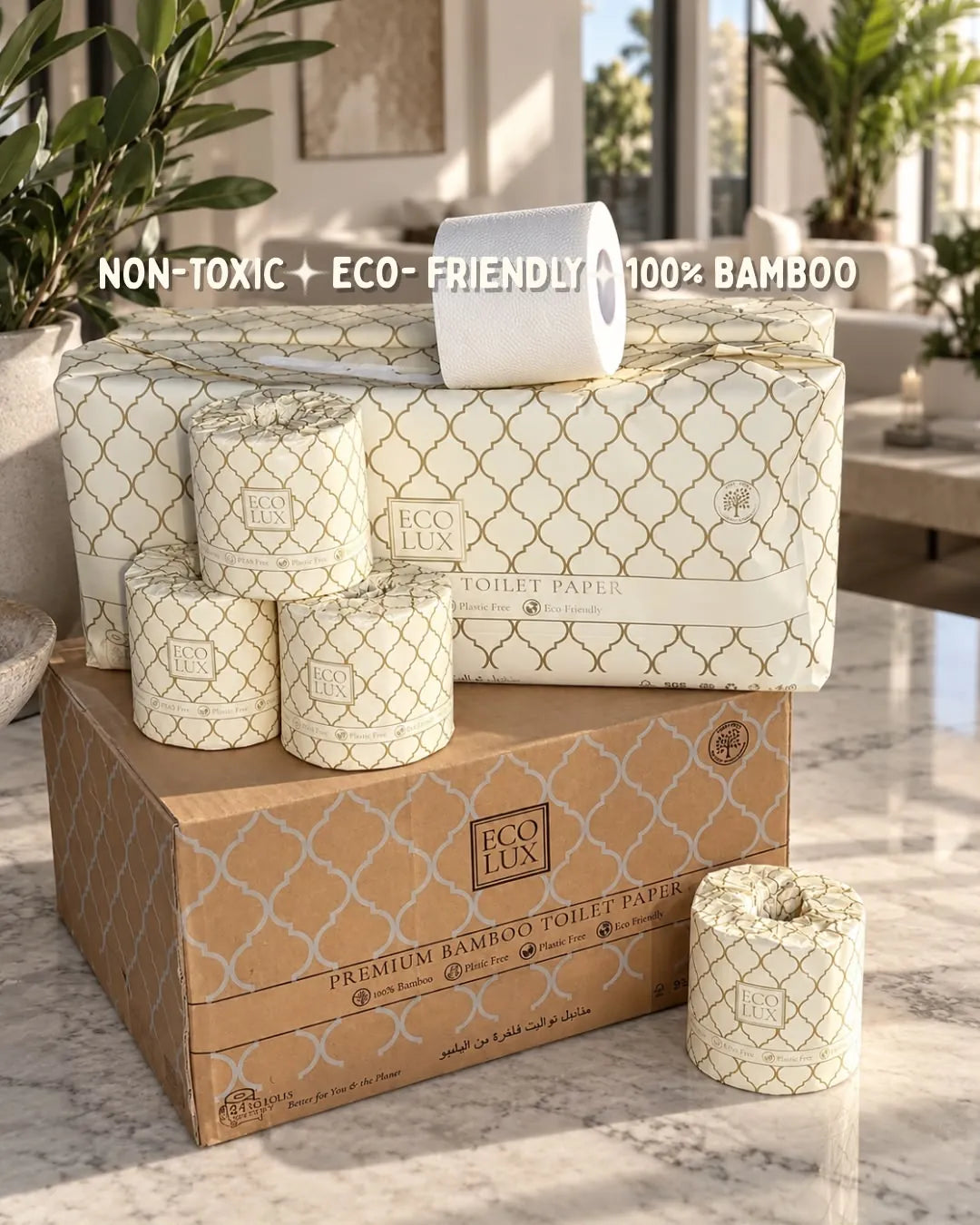 An Eco Lux case stacked on its shipping box with wrapped rolls around it
