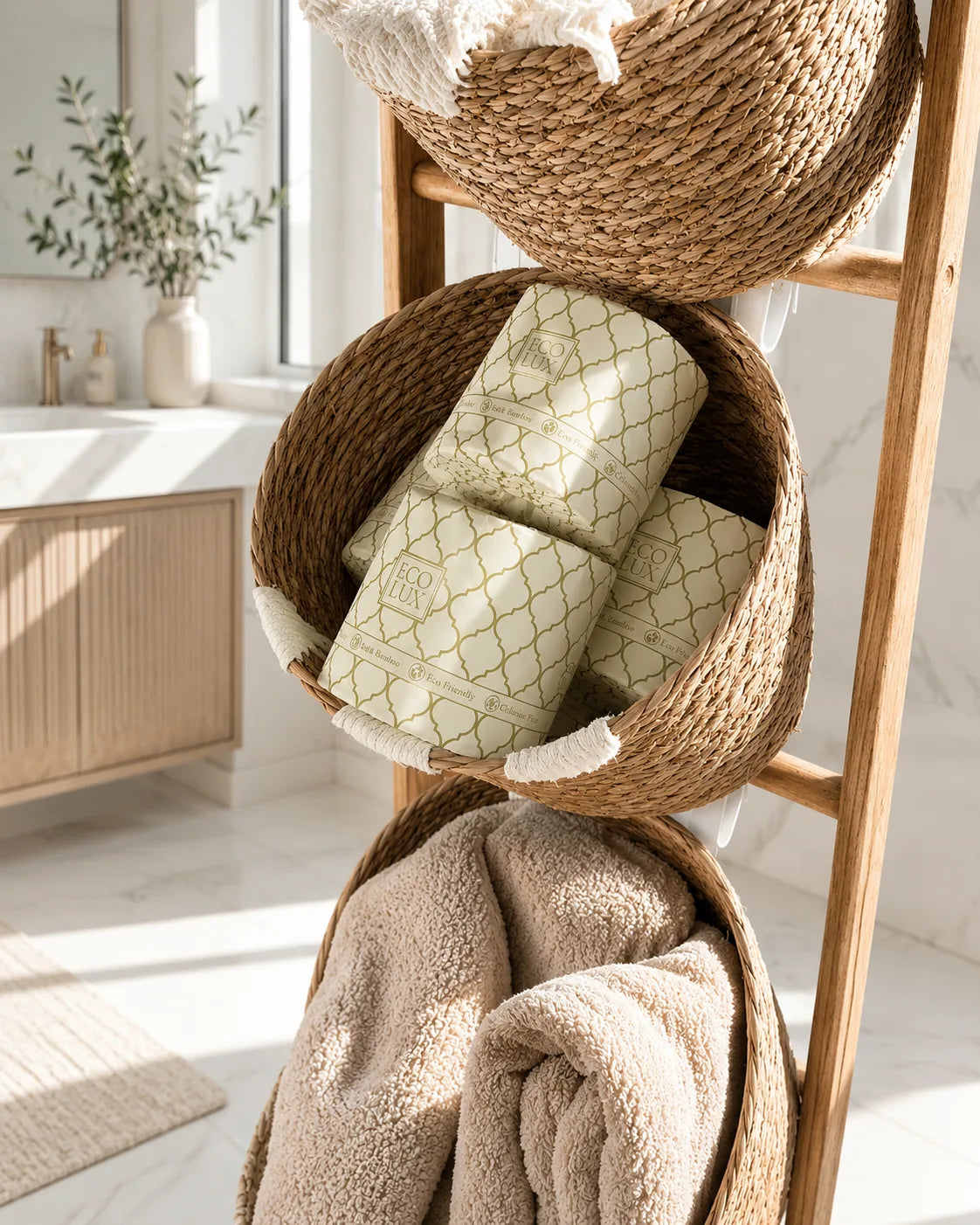 Wrapped Eco Lux rolls in a woven basket on a wooden ladder above a folded towel