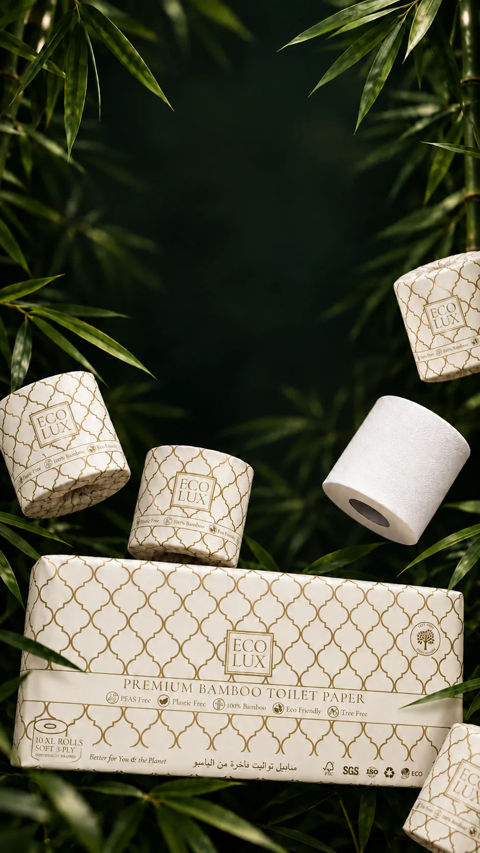 Wrapped Eco Lux rolls and a 10 Pack floating among dark bamboo leaves