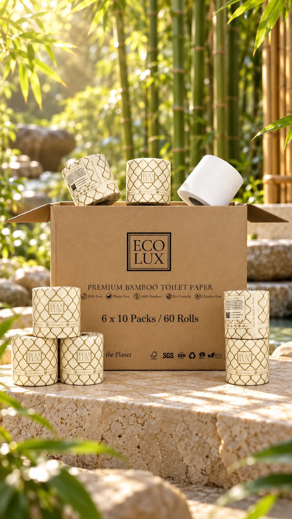 The open Eco Lux 60 Pack box on stone steps in a bamboo garden, rolls stacked around it