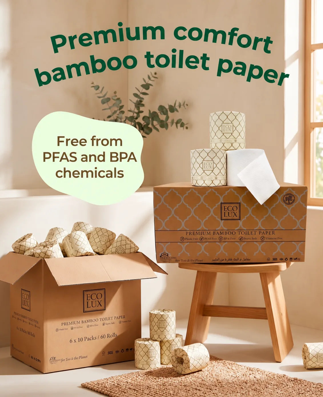 Eco Lux boxes and rolls in a sunny room under the words premium comfort bamboo toilet paper, free from PFAS and BPA chemicals