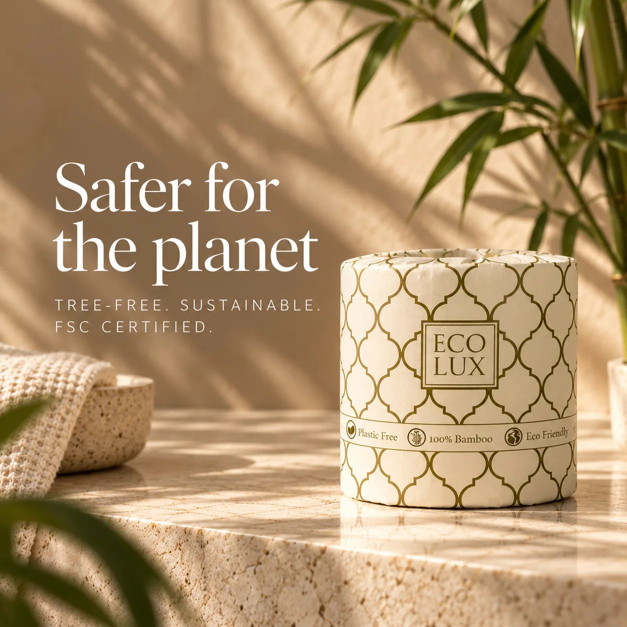 An Eco Lux roll on a stone counter under the words safer for the planet, tree-free, sustainable, FSC certified