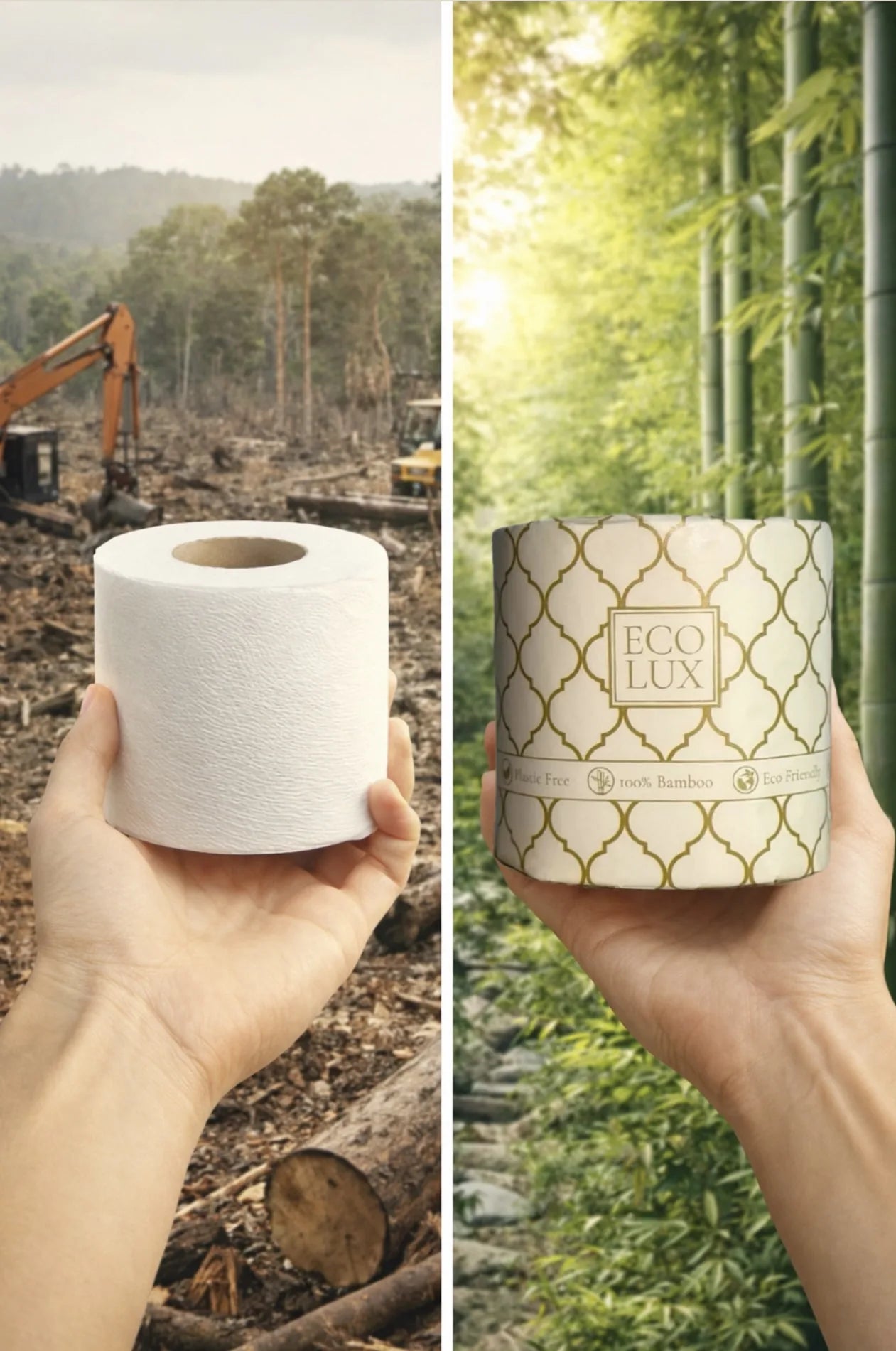 A plain roll held up against a cleared forest beside an Eco Lux roll held up in a bamboo grove